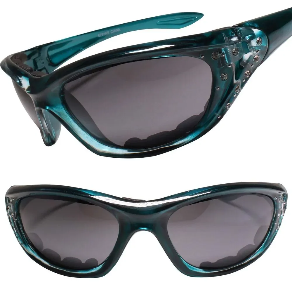 Fashion Rhinestone Motorcycle Foam Back Padded Womens Biker Blue Sunglasses